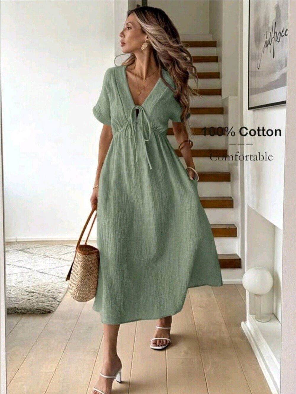 V-Neck Sage Green Cotton Midi Dress